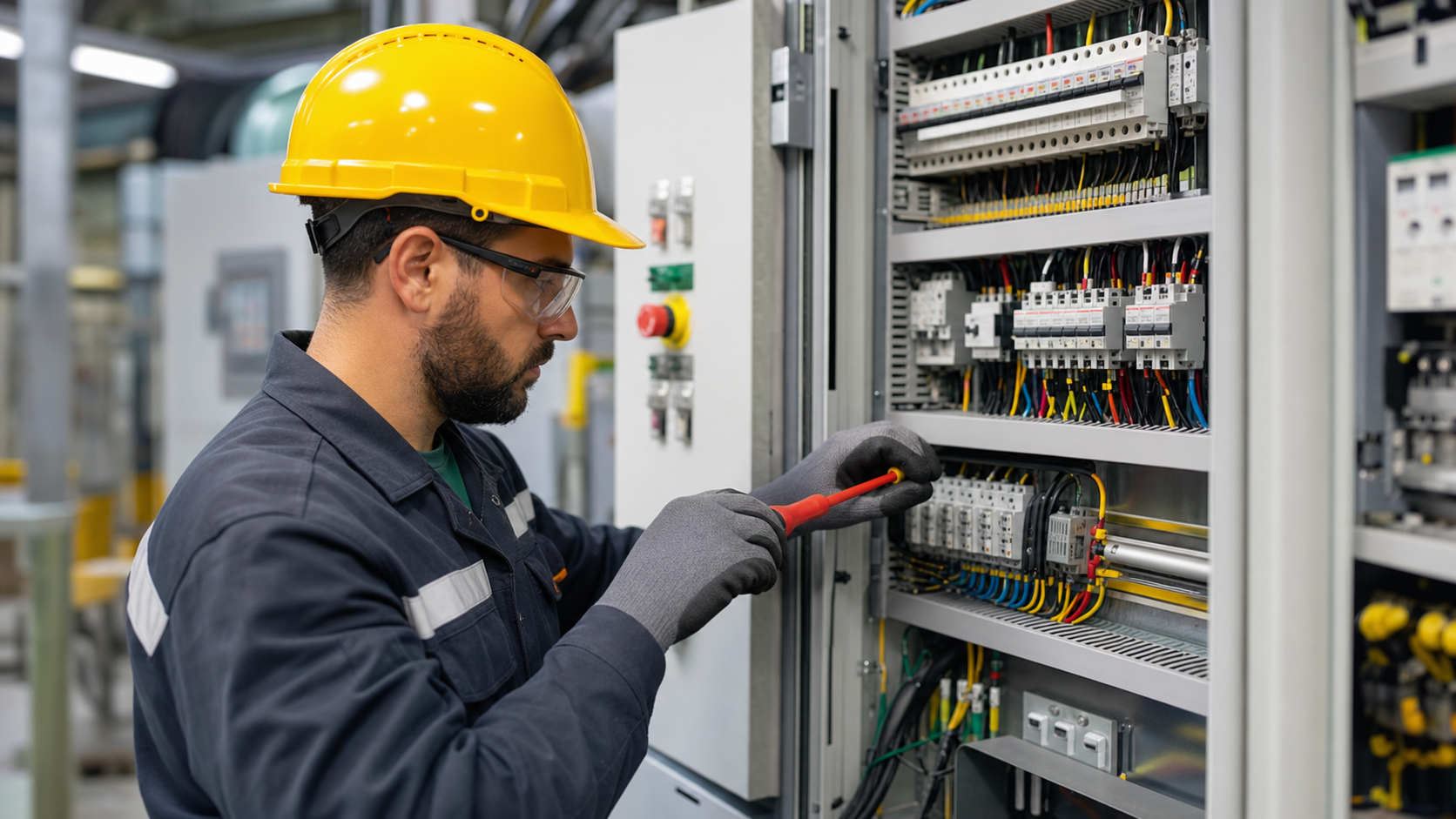 Elektriker prüft einen Schaltschrank