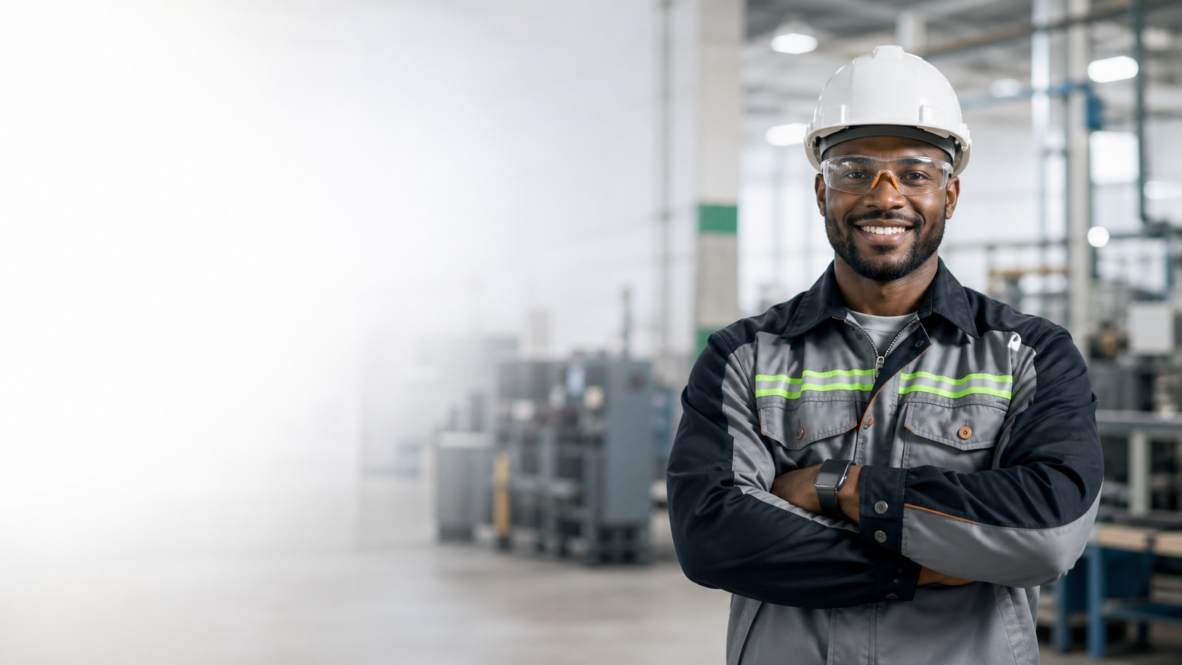 Lächelnde technische Fachkraft mit Schutzhelm im industriellen Umfeld