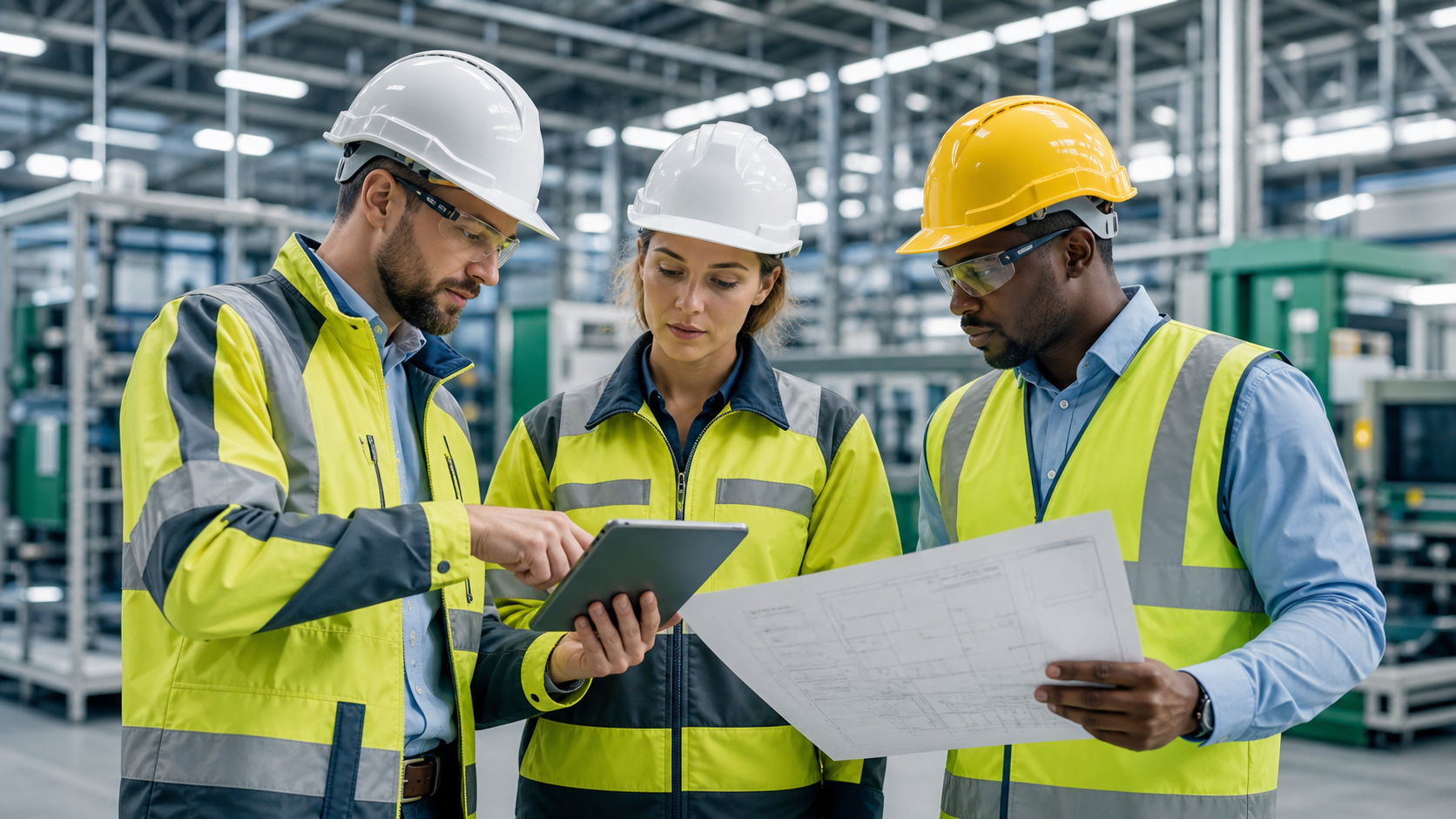 Ingenieure in Schutzkleidung prüfen technische Pläne