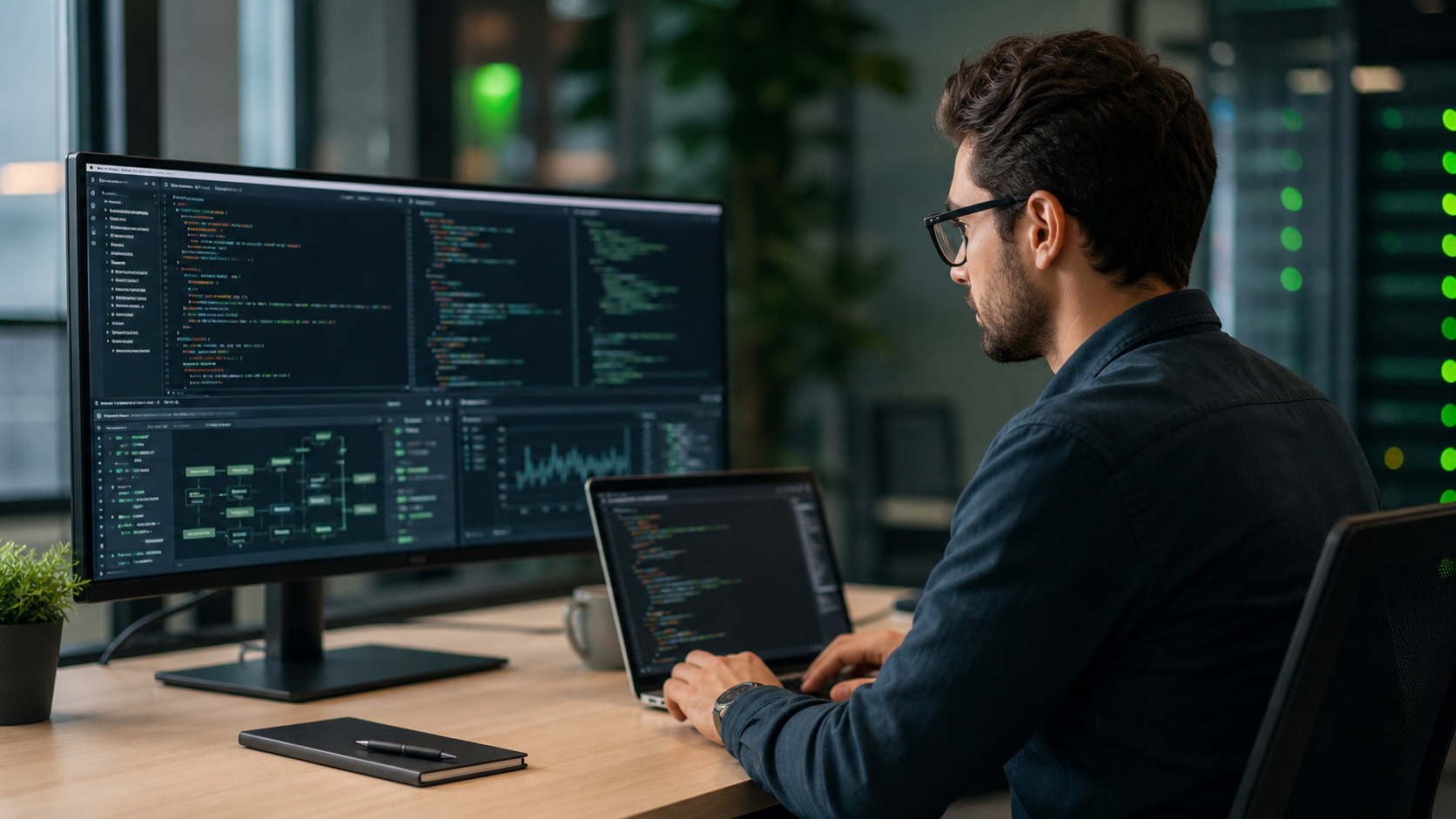 IT-Spezialist arbeitet an Code und Monitoren