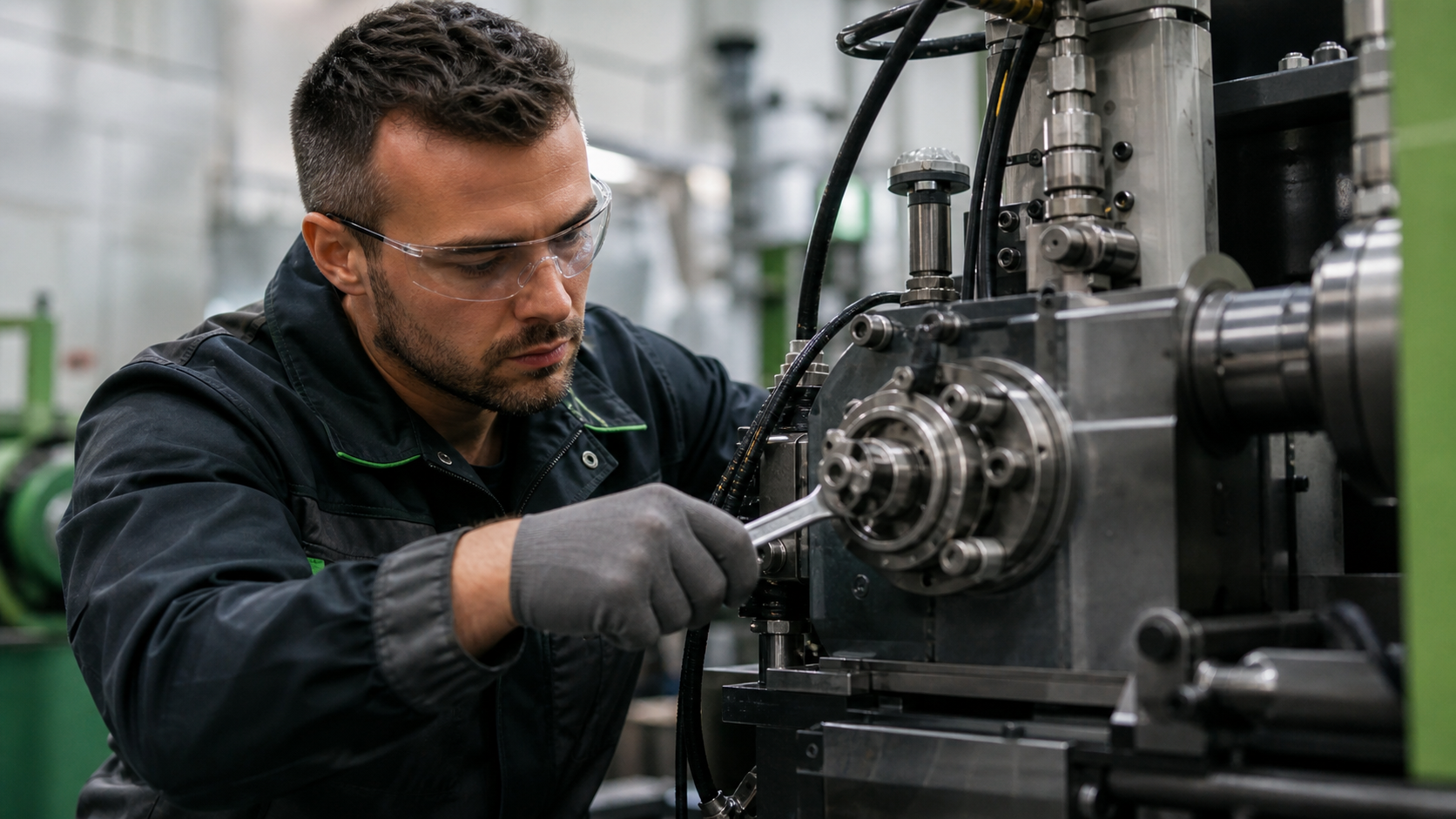 Technische Fachkraft wartet industrielle Maschine