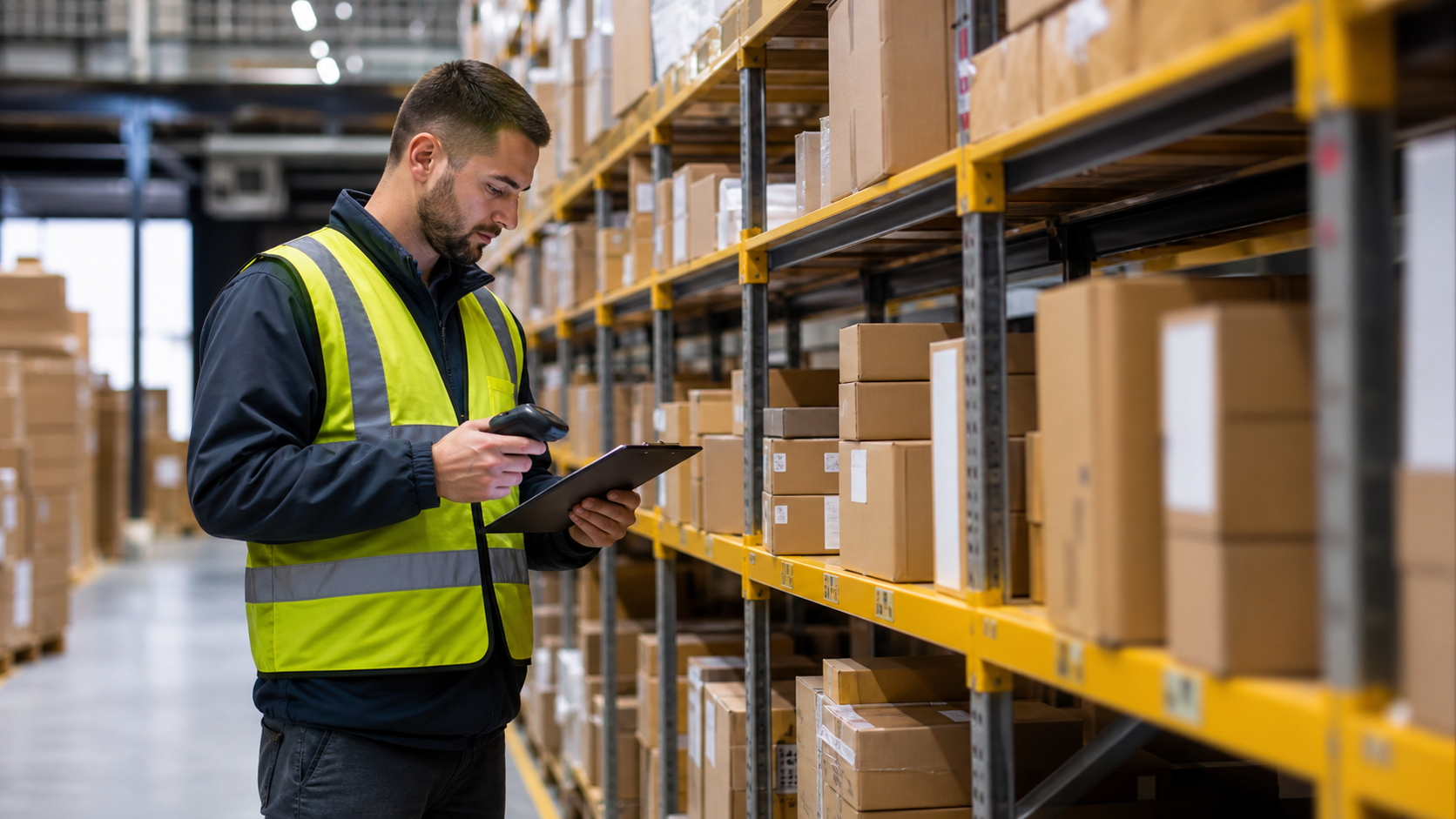 Logistikfachkraft im Lager mit Paketen