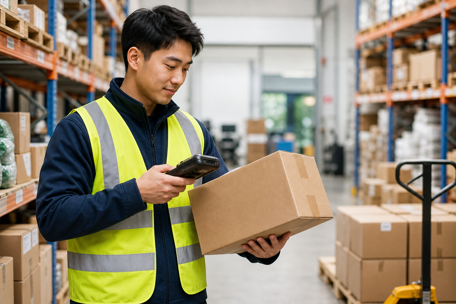 Person hält ein Paket im Lager
