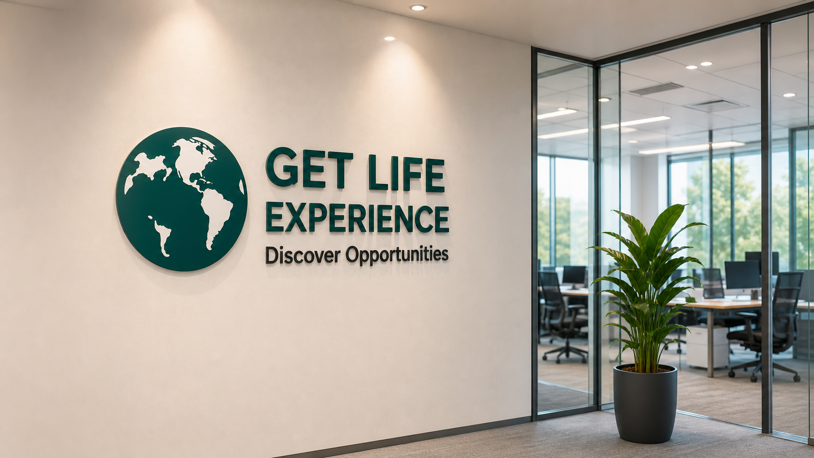 Get Life Experience Wandlogo in einem modernen Büro